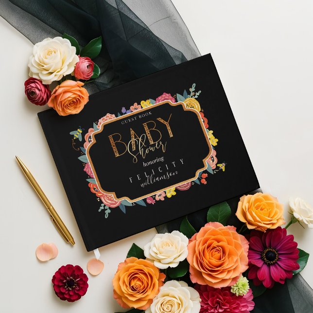 Lebhafte Wildblumen aus der Blüte und Honey Bee Ba Gästebuch (Vibrant Floral Wildflowers & Honey Bee Baby Shower Guest Book)