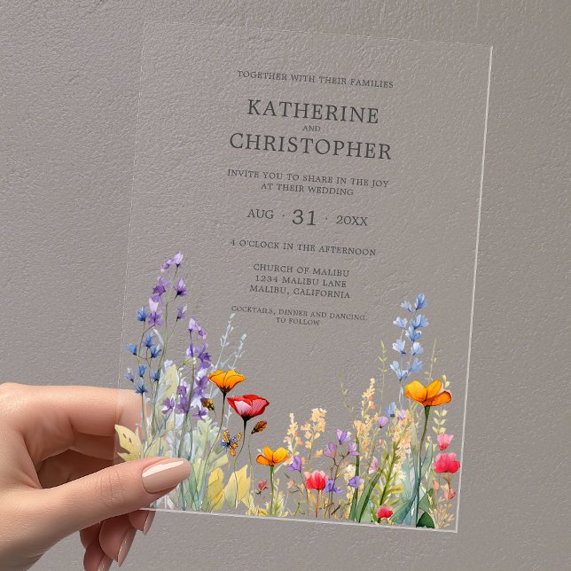 Lebhafte Wildblumen Elegante Hochzeit klar Acryleinladungen (Colorful Wildflowers Elegant Wedding Clear Acrylic Invitation with Orange, Red, Purple Watercolor.)