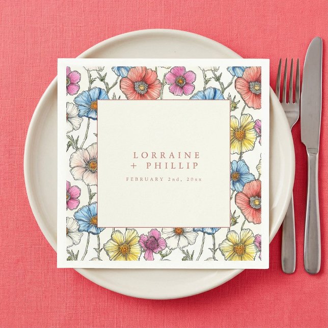 Lebhafte wilde Blume Serviette (Vibrant wild flowers wedding napkin.)