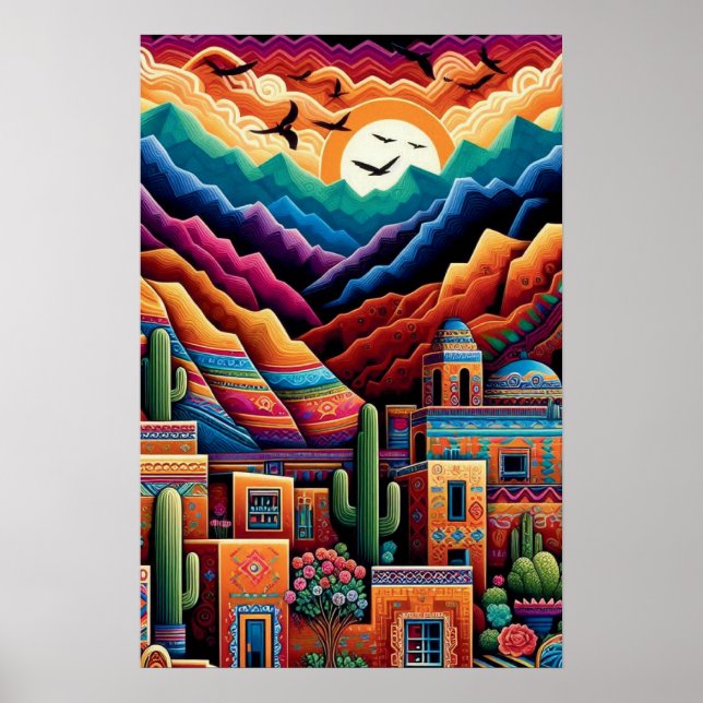 Lebhafte Wüstenlandschaft, farbenfrohe Berge Poster (Vorne)
