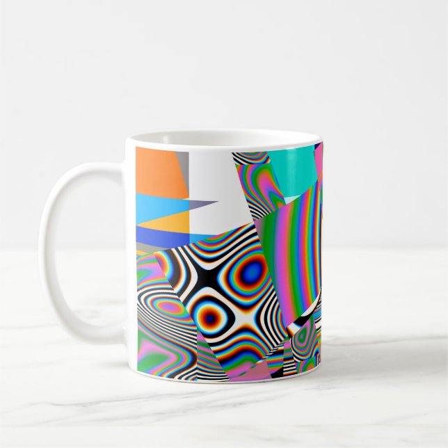Lebhafter abstrakter Hintergrund. Farbiges Muster. Kaffeetasse (Links)