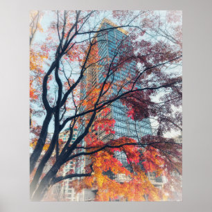 Lebhafter Ahornbaum im Herbst und moderner Wolkenk Poster