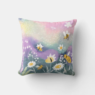 Lebhafter Aquarellgarten mit Bienen-Blume Kissen