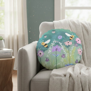 Lebhafter Aquarellgarten mit Bienen-Blume Rundes Kissen