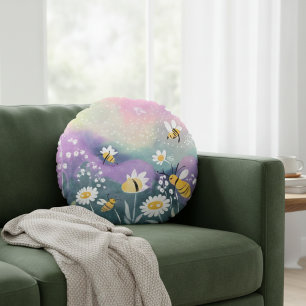 Lebhafter Aquarellgarten mit Bienen-Blume Rundes Kissen