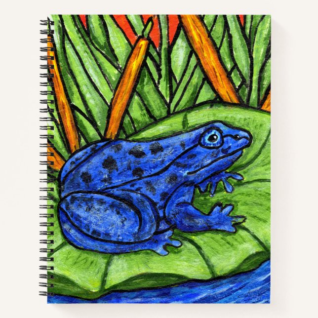 Lebhafter Blauer Frosch auf Lily Pad Wasserrasen Notizbuch (Vorderseite)