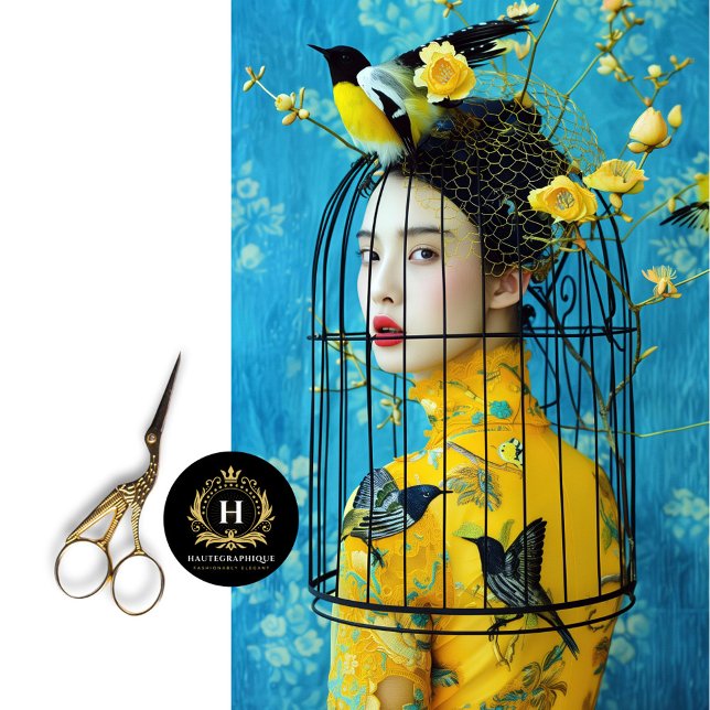 Lebhafter blauer gelber Blumenkäfig Seidenpapier (Von Creator hochgeladen)