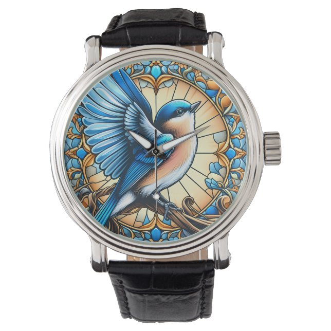 Lebhafter Blauer Vogel auf festem Glas Armbanduhr (Vorderseite)