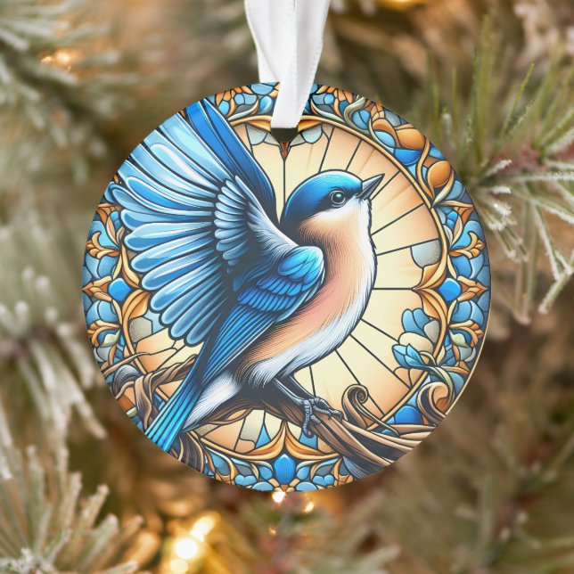 Lebhafter Blauer Vogel auf festem Glas Ornament (Baum)
