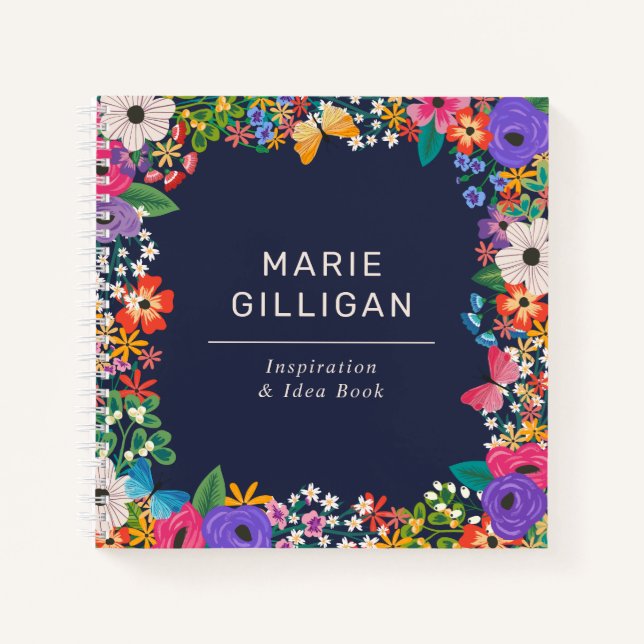 Lebhafter Blumenrahmen mit Schmetterlingen Notizbuch (Vorderseite)