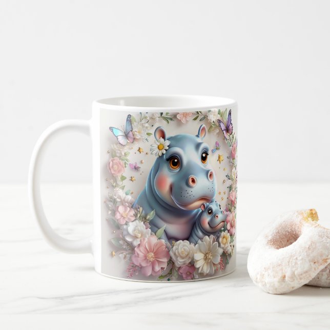 Lebhafter Cartoon Hippos feiert Muttertag Kaffeetasse (Mit Donut)