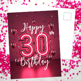 Lebhafter Chic Neon Pink 30. Geburtstag mit Balloo Postkarte
