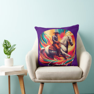 Lebhafter Cowboy und Pferd Lila Kissen