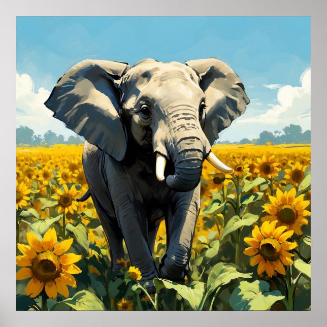 Lebhafter Elefant in der Feldmalerei mit Sonnenblu Poster (Vorne)