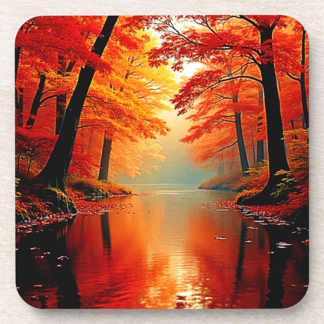 Lebhafter Fluss im Herbst Gold Design Getränkeuntersetzer (Vorderseite)