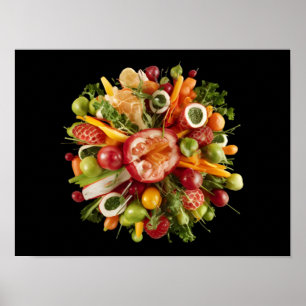 Lebhafter Fresh Food Burst auf schwarzem Hintergru Poster