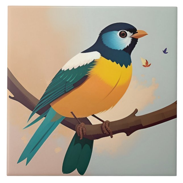 Lebhafter Gelber und Grüner Vogel auf einem Zweig Fliese (Vorderseite)