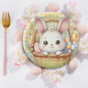 Lebhafter glücklicher Ostern im gelben Hintergrund Pappteller