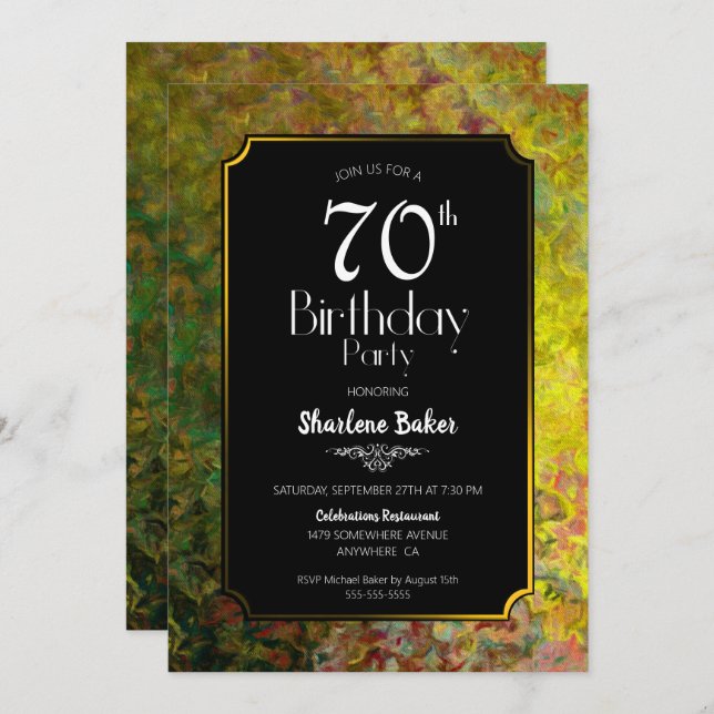 Lebhafter Gold Border Black 70. Geburtstag Einladung (Vorne/Hinten)