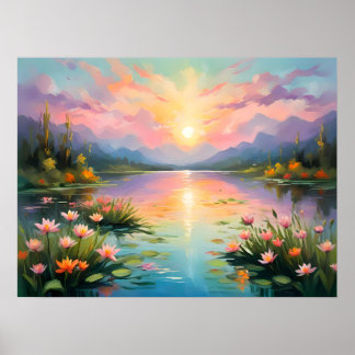 Lebhafter Goldener Sonnenuntergang über dem ruhige Poster