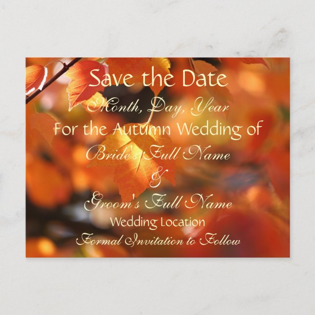 Lebhafter Herbst Save the Date Hochzeitskarte Ankündigungspostkarte (Vorderseite)