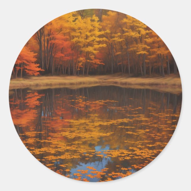 Lebhafter Herbstsee und Wald Runder Aufkleber (Vorderseite)