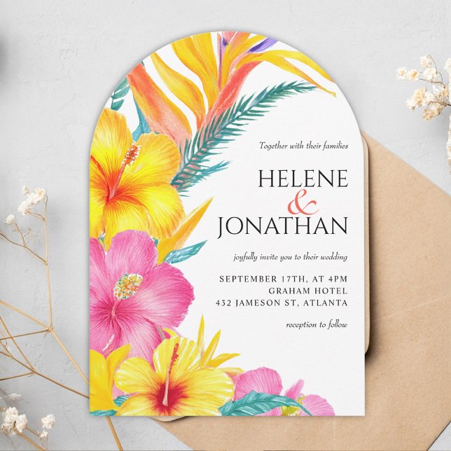 Lebhafter Hibiskus Florenz Elegante Tropische Hoch Einladung (Vibrant Hibiscus Floral Elegant Tropical Wedding Invitation)
