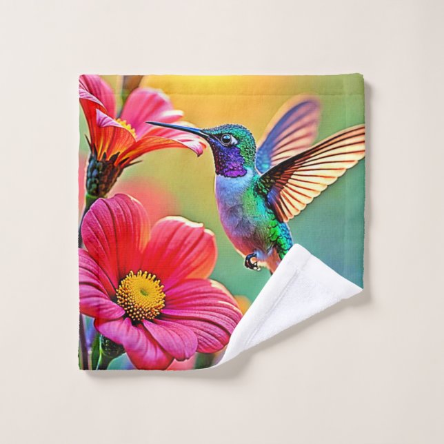 Lebhafter Hummingbird im Sunset Design Badhandtuch Set (Waschlappen)