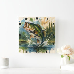 Lebhafter Jumping Bass Lake Illustriert Quadratische Wanduhr