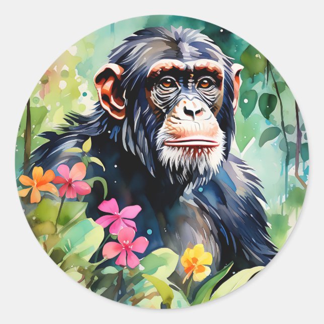 Lebhafter Jungle Chimpanzee Runder Aufkleber (Vorderseite)