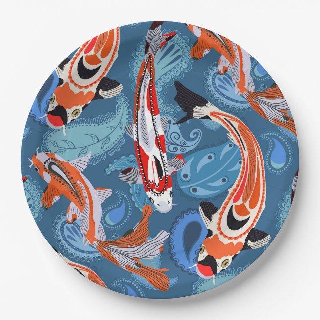 Lebhafter Koi Fisch unter Paisley Pattern Pappteller (Vorderseite)