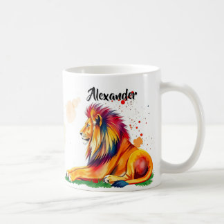 Lebhafter Löwe mit farbigen Spritzern Pinselstrich Kaffeetasse