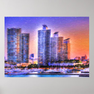 Lebhafter Miami Skyline Sunrise Poster