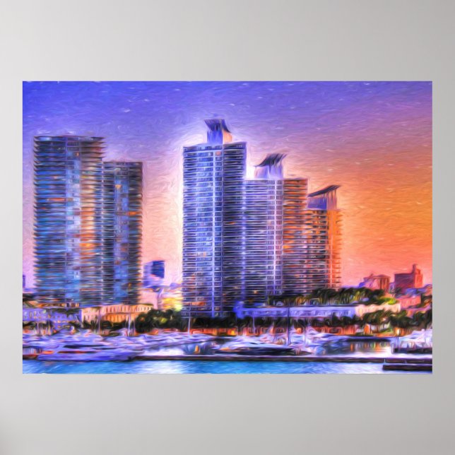 Lebhafter Miami Skyline Sunrise Poster (Vorne)