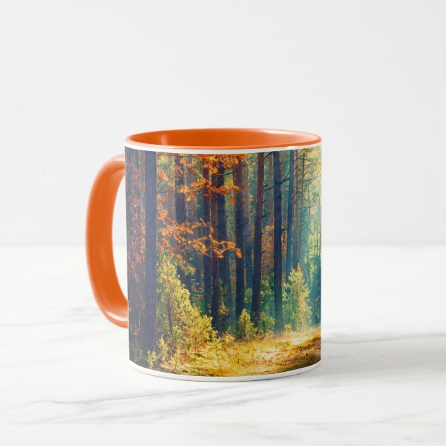 Lebhafter Morgen im farbenfrohen Wald mit Sonnenst Tasse (Vorderseite Links)