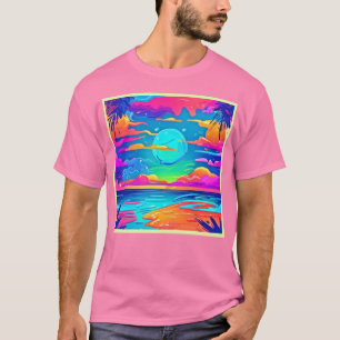 Lebhafter Neonsonnenuntergang über den Ozeanwellen T-Shirt