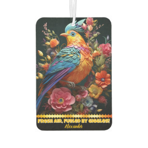 Lebhafter Papagei inmitten farbenfroher Blumenarra Autolufterfrischer