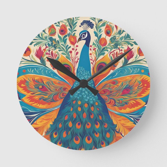 "Lebhafter Pfau im mexikanischen Folkkunststil Runde Wanduhr (Vorderseite)