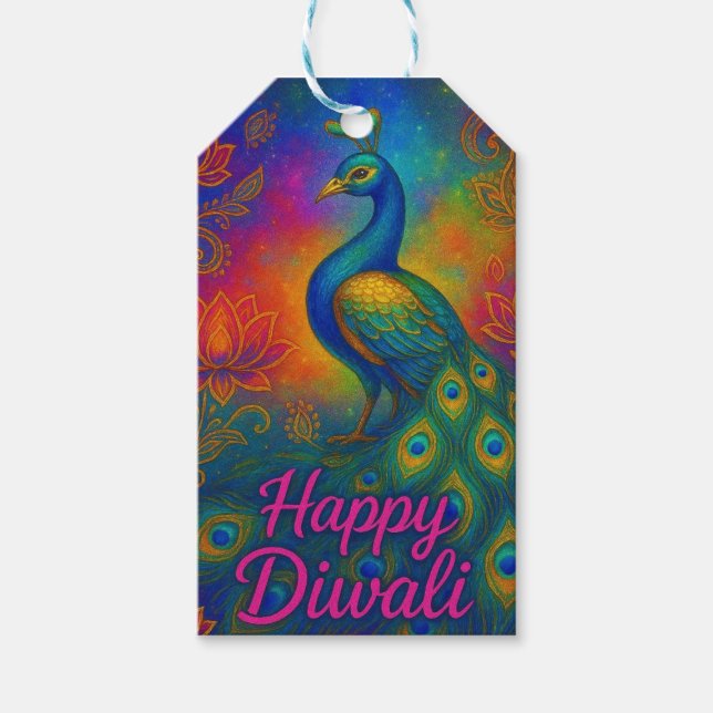 Lebhafter Pfau, Lotus & Elefant Happy Diwali Geschenkanhänger (Vorderseite)