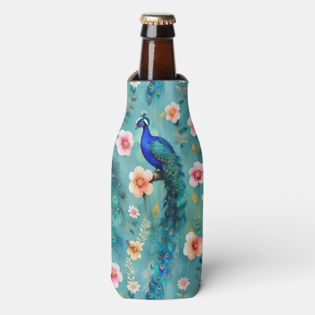 Lebhafter Pfau mit Federn und üppigen Florals Flaschenkühler (Flaschenvorderseite)