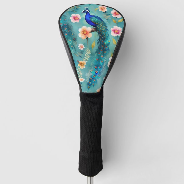 Lebhafter Pfau mit Federn und üppigen Florals Golf Headcover (Vorderseite)