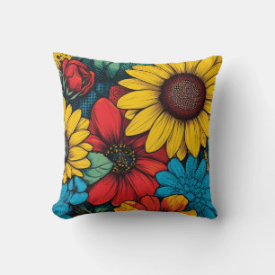 Lebhafter Pop Art Blumendesign mit Sonnenblumen Kissen