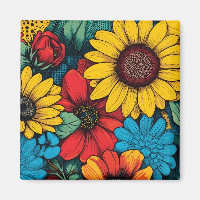 Lebhafter Pop Art Blumendesign mit Sonnenblumen Magnet (Vorne)