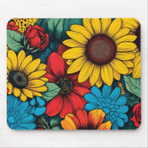 Lebhafter Pop Art Blumendesign mit Sonnenblumen Mousepad