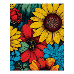 Lebhafter Pop Art Blumendesign mit Sonnenblumen Poster