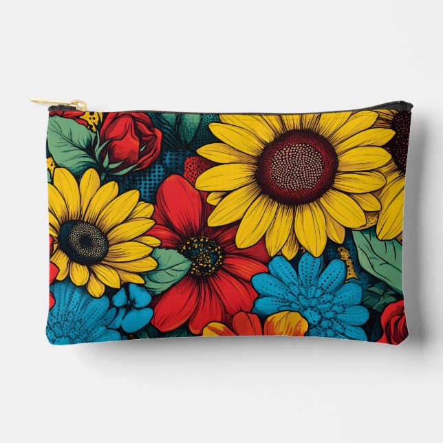 Lebhafter Pop Art Blumendesign mit Sonnenblumen Zubehörtasche (Vorderseite)