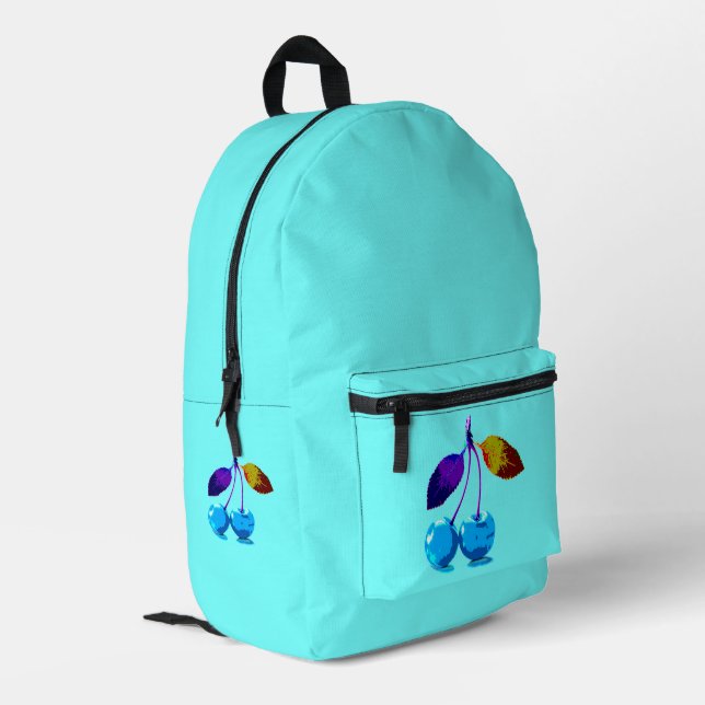 Lebhafter Pop Light Blue Cherries Moderne Kunst Bedruckter Rucksack (Rückseitige Ecke links)