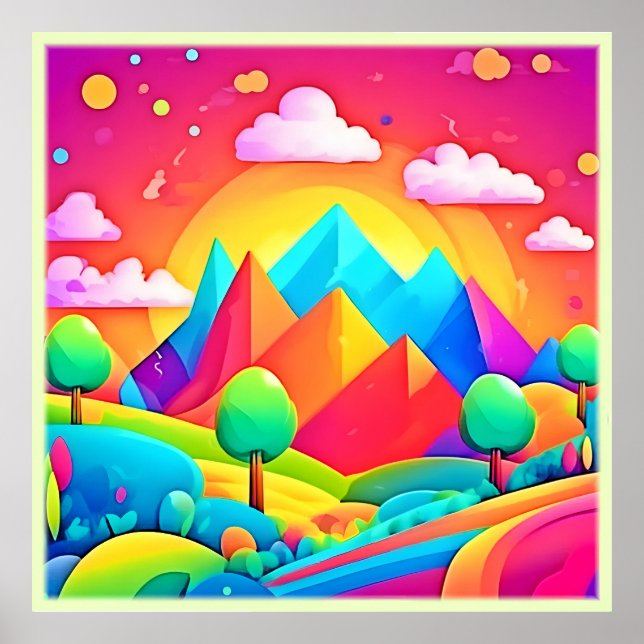 Lebhafter Regenbogen-Cartoon Landschaft Poster (Vorne)