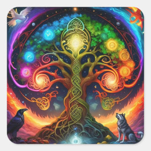 Lebhafter Regenbogen keltischer Baum mit Wölfen un Quadratischer Aufkleber