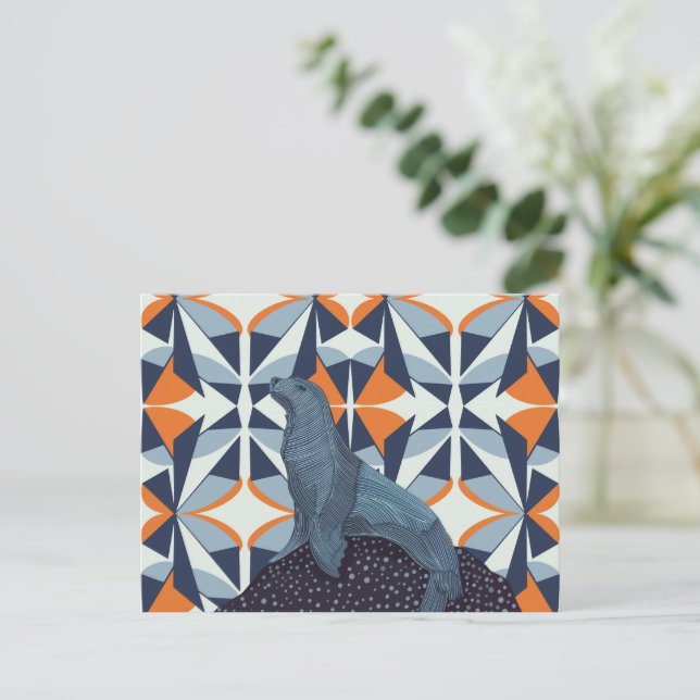 Lebhafter Retro Geometrischer Seelöwe auf dem Fels Postkarte (Stehend Vorderseite)